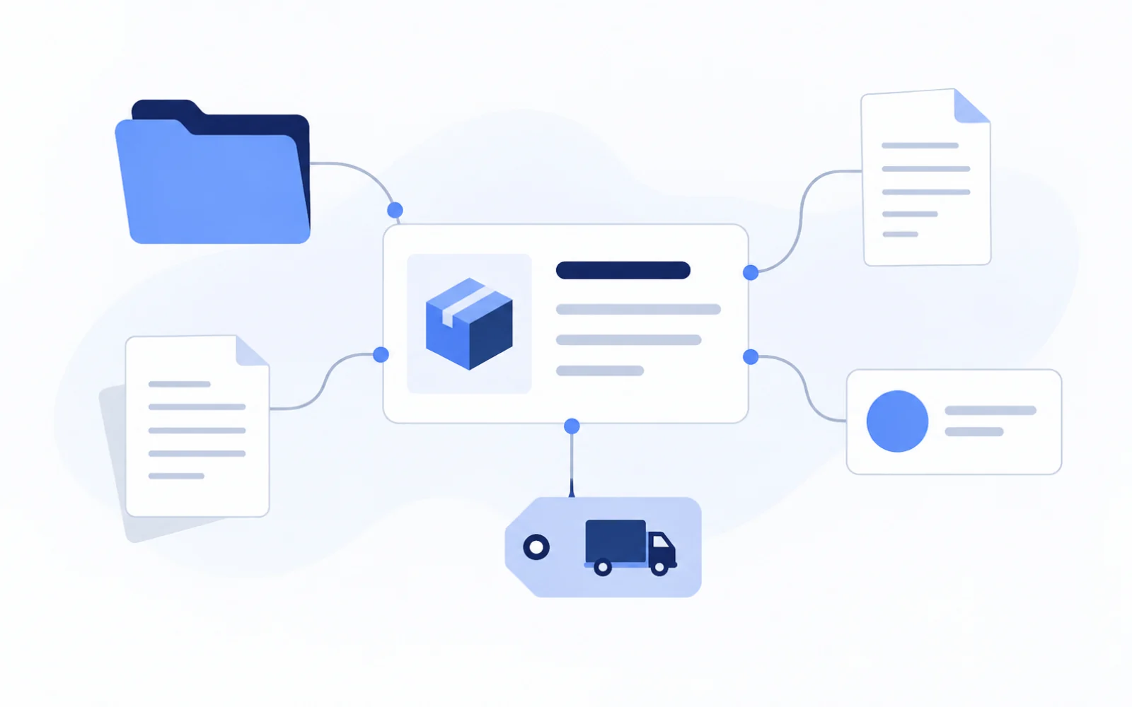 Illustration of an export order connected to documents, payment records and shipping references.